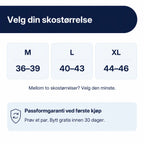 Diasocks størrelsesguide: M 36–39, L 40–43 og XL 44–46.